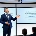 A professional presenter in a modest business suit, standing confidently on a stage in a modern conference hall. A large screen behind them displays a sophisticated product design UI/UX mockup with clean lines and intuitive features. They are gesturing naturally towards the screen, conveying clarity and expertise. The lighting is bright and professional. perfect anatomy, correct proportions, natural pose, well-formed hands, proper finger count, natural body proportions, safe for work, appropriate content, fully clothed, professional, family-friendly.
