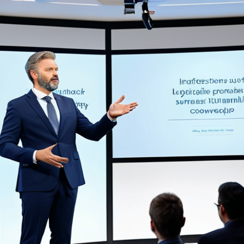 A professional presenter in a modest business suit, standing confidently on a stage in a modern conference hall. A large screen behind them displays a sophisticated product design UI/UX mockup with clean lines and intuitive features. They are gesturing naturally towards the screen, conveying clarity and expertise. The lighting is bright and professional. perfect anatomy, correct proportions, natural pose, well-formed hands, proper finger count, natural body proportions, safe for work, appropriate content, fully clothed, professional, family-friendly.