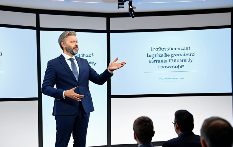 A professional presenter in a modest business suit, standing confidently on a stage in a modern conference hall. A large screen behind them displays a sophisticated product design UI/UX mockup with clean lines and intuitive features. They are gesturing naturally towards the screen, conveying clarity and expertise. The lighting is bright and professional. perfect anatomy, correct proportions, natural pose, well-formed hands, proper finger count, natural body proportions, safe for work, appropriate content, fully clothed, professional, family-friendly.