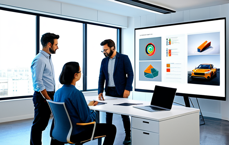 **Early Design Stage Visualization:**
    "A team of product designers in a bright, modern office, reviewing 3D models on a large screen, fully clothed, appropriate attire, safe for work, perfect anatomy, natural proportions, professional, collaborative atmosphere."