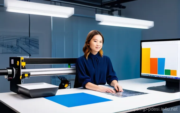 제품디자인 현장에서 가장 많이 쓰이는 프린터 종류 - **Prompt:** A dynamic, wide-angle shot in a modern, brightly lit product design studio. A focused fe...