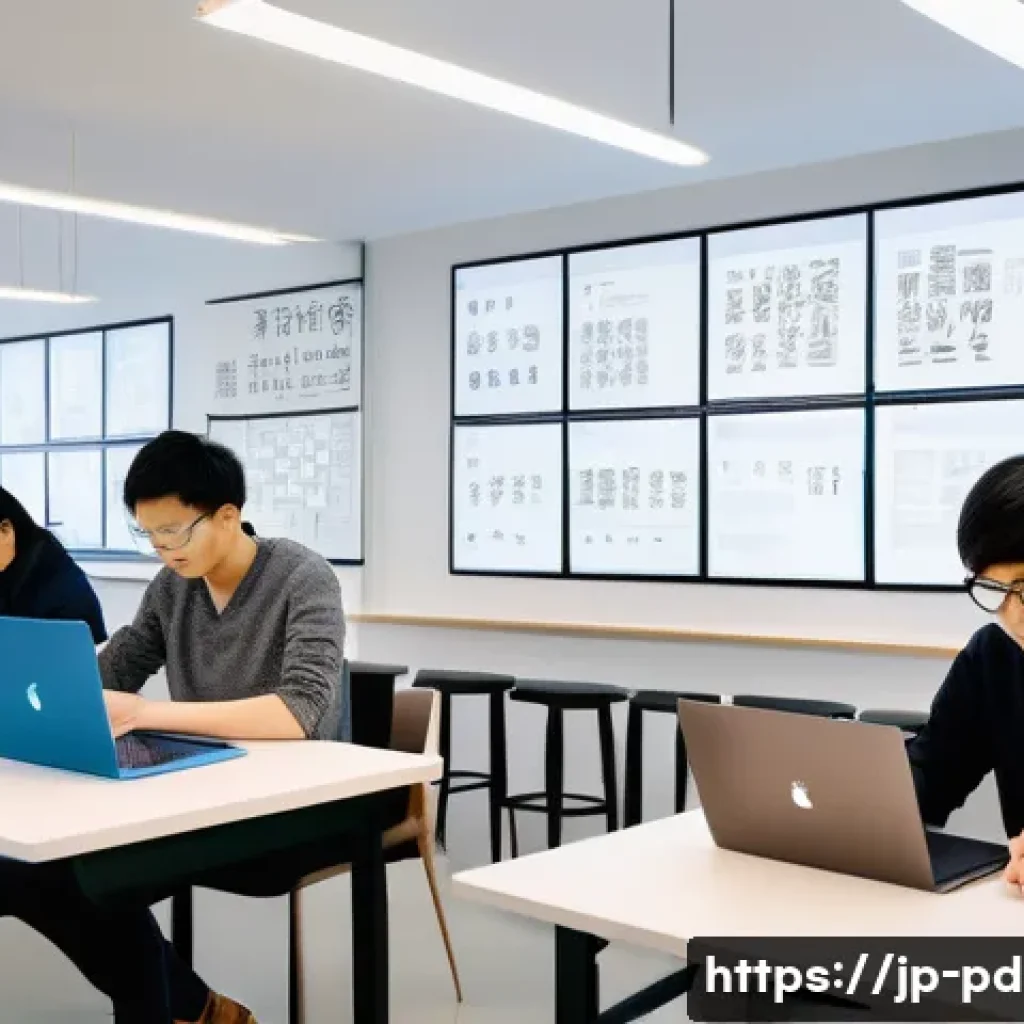 제품디자인 관련 학습 자료 추천 - A modern design workshop scene in Japan, featuring a diverse group of young adults engaged in hands-...