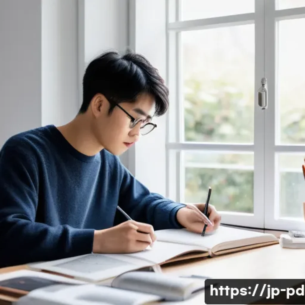 제품디자인 자격증 준비 일정 관리법 - A focused young Japanese adult studying product design at home, sitting at a tidy desk with design t...