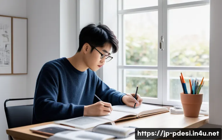 제품디자인 자격증 준비 일정 관리법 - A focused young Japanese adult studying product design at home, sitting at a tidy desk with design t...