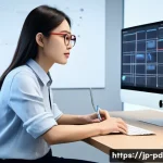 제품디자인 실무에서 필요한 UX UI 기초 지식 - A modern Japanese office scene showing a UX/UI designer at work, surrounded by dual monitors display...