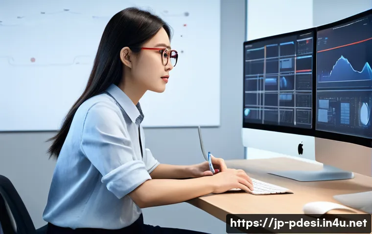 제품디자인 실무에서 필요한 UX UI 기초 지식 - A modern Japanese office scene showing a UX/UI designer at work, surrounded by dual monitors display...