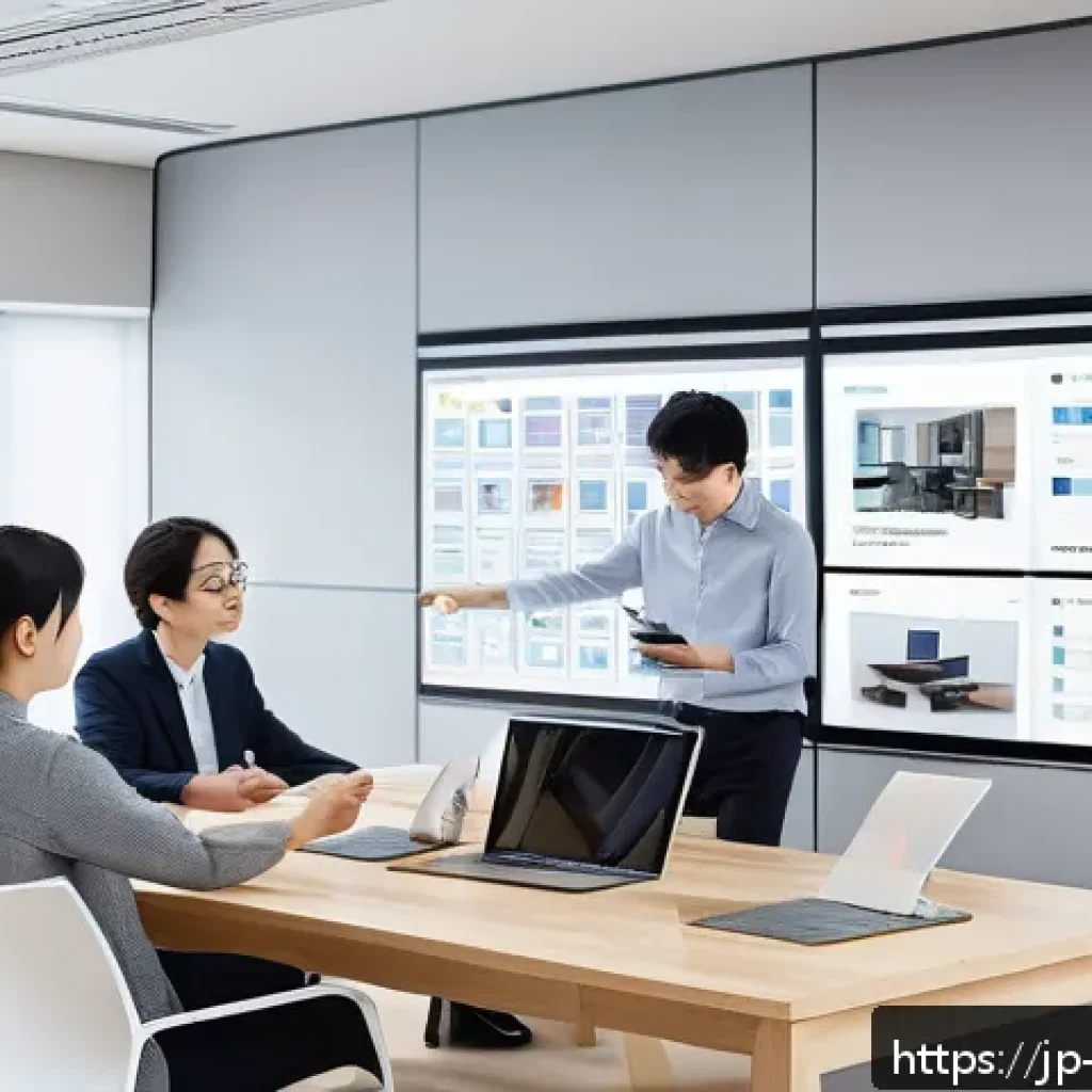 제품디자인에서의 실무 프로젝트 관리 방법 - A modern Japanese office scene showing a diverse design project team collaborating around a large ta...