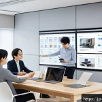 제품디자인에서의 실무 프로젝트 관리 방법 - A modern Japanese office scene showing a diverse design project team collaborating around a large ta...