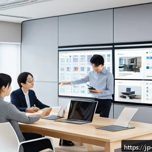 제품디자인에서의 실무 프로젝트 관리 방법 - A modern Japanese office scene showing a diverse design project team collaborating around a large ta...