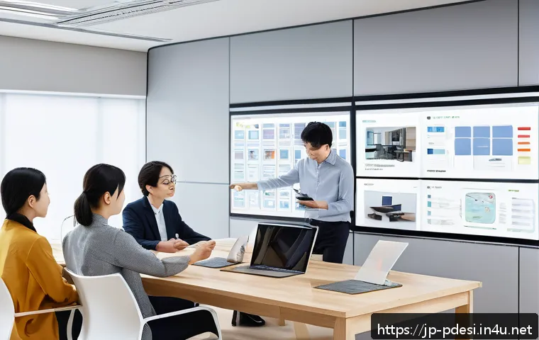 제품디자인에서의 실무 프로젝트 관리 방법 - A modern Japanese office scene showing a diverse design project team collaborating around a large ta...