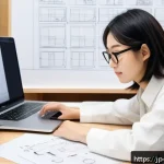 제품디자인 직무 전환을 위한 커리어 패스 - A modern Japanese design studio interior featuring a young Japanese woman designer wearing stylish c...