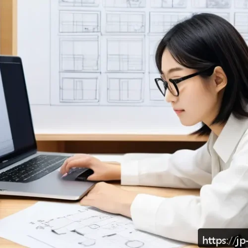 제품디자인 직무 전환을 위한 커리어 패스 - A modern Japanese design studio interior featuring a young Japanese woman designer wearing stylish c...