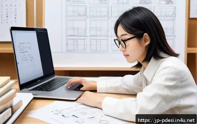 제품디자인 직무 전환을 위한 커리어 패스 - A modern Japanese design studio interior featuring a young Japanese woman designer wearing stylish c...